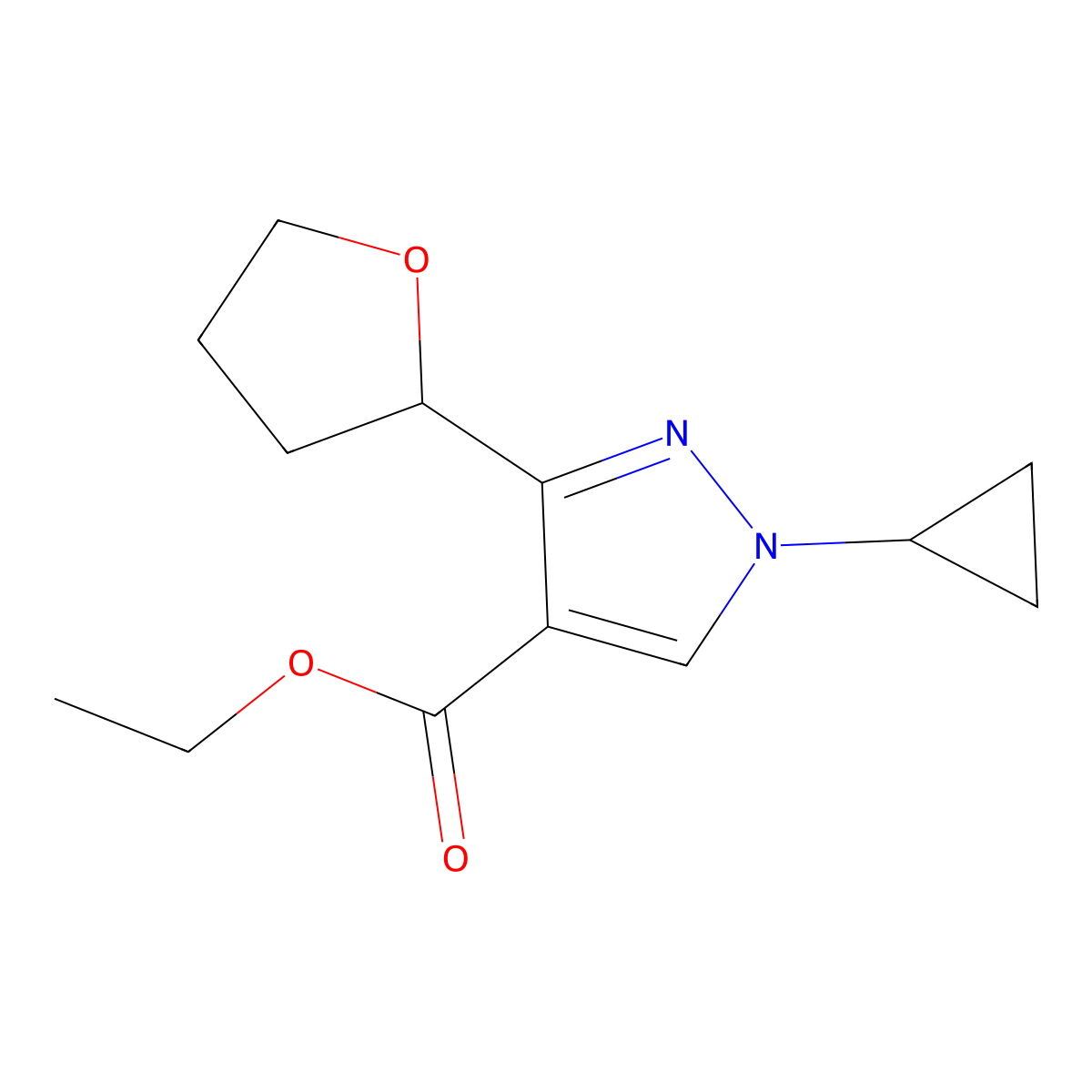 Ethyl 1-cyclopropyl-3-(oxolan-2-yl)-1H-pyrazole-4-carboxylate molecular structure, CAS 2059956-12-4