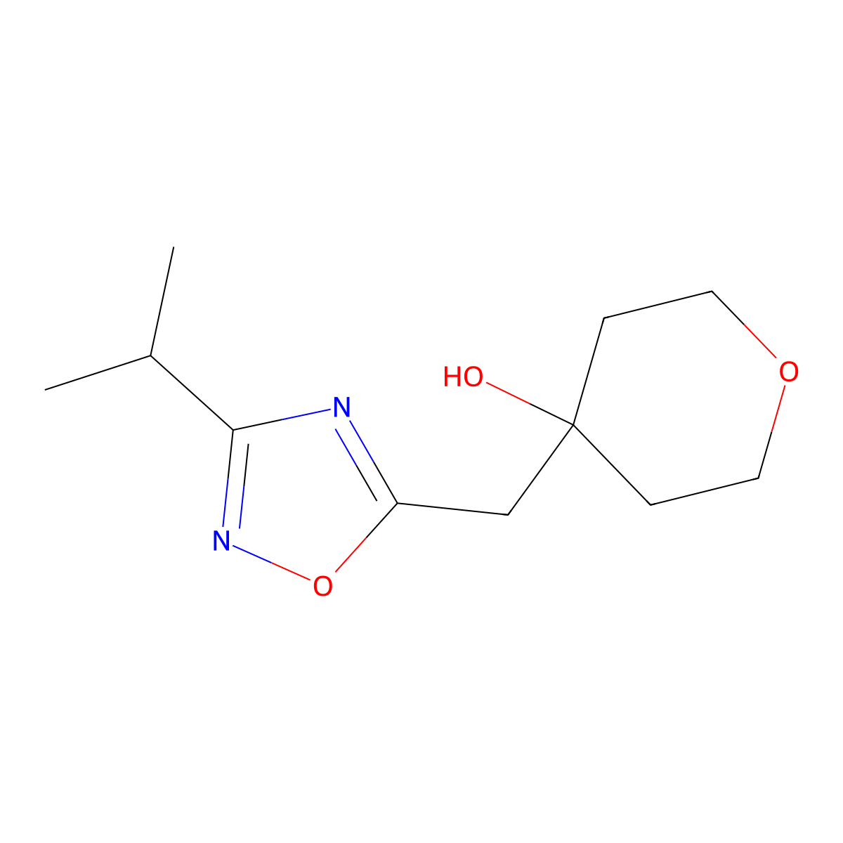 4-{[3-(Propan-2-yl)-1,2,4-oxadiazol-5-yl]methyl}oxan-4-ol molecular structure, CAS 2059956-22-6