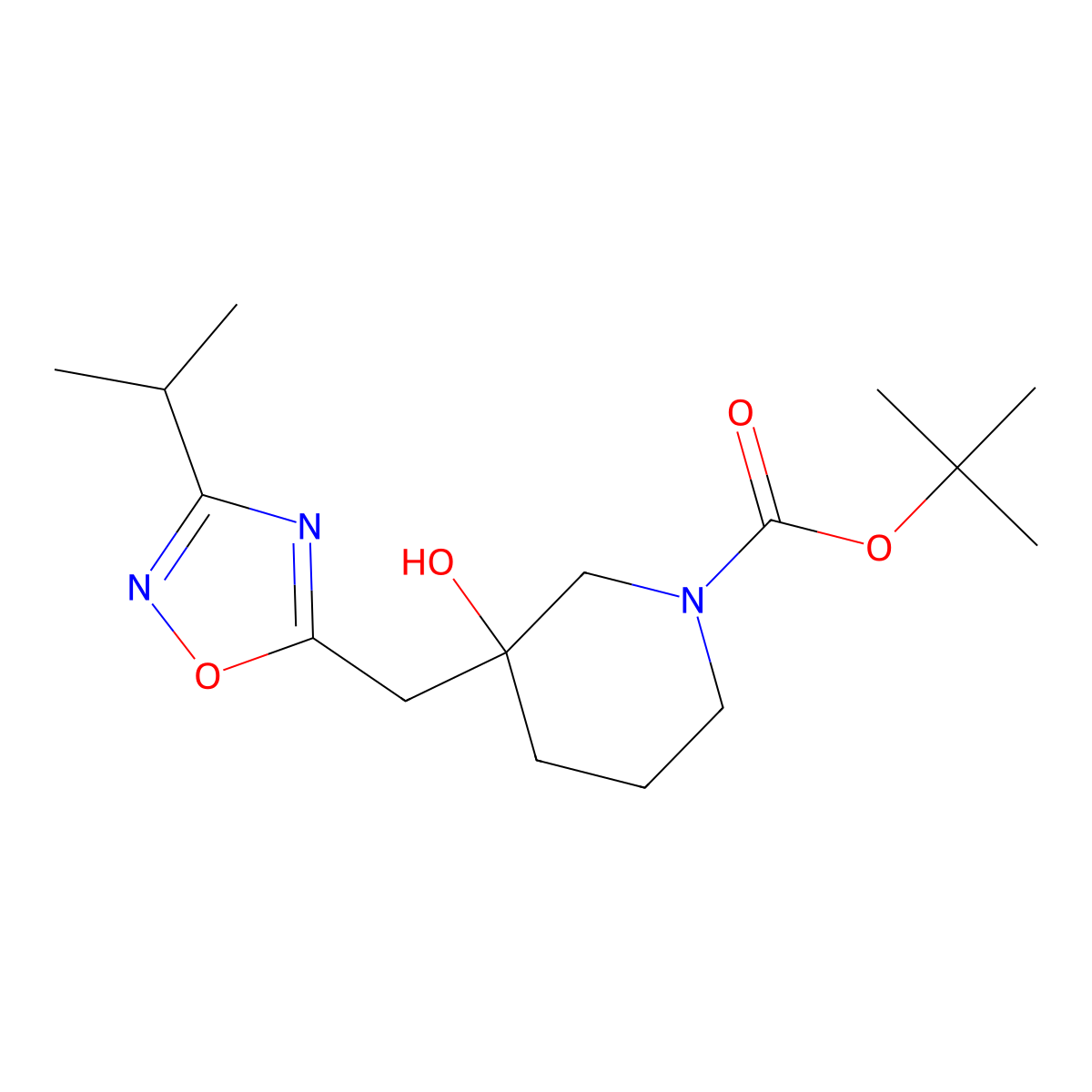tert-Butyl 3-hydroxy-3-{[3-(propan-2-yl)-1,2,4-oxadiazol-5-yl]methyl}piperidine-1-carboxylate molecular structure, CAS 2059965-64-7