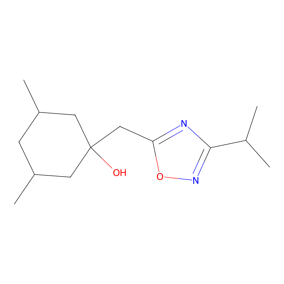 3,5-Dimethyl-1-{[3-(propan-2-yl)-1,2,4-oxadiazol-5-yl]methyl}cyclohexan-1-ol molecular structure, CAS 2059965-75-0