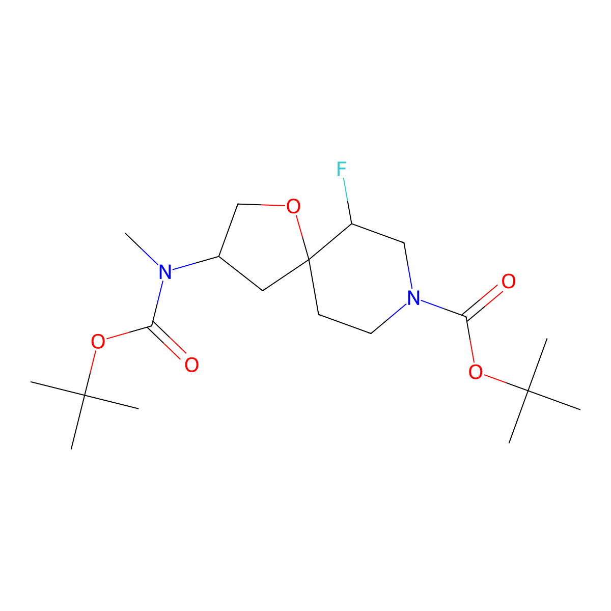 tert-Butyl 3-{[(tert-butoxy)carbonyl](methyl)amino}-6-fluoro-1-oxa-8-azaspiro[4.5]decane-8-carboxylate molecular structure, CAS 2059965-76-1