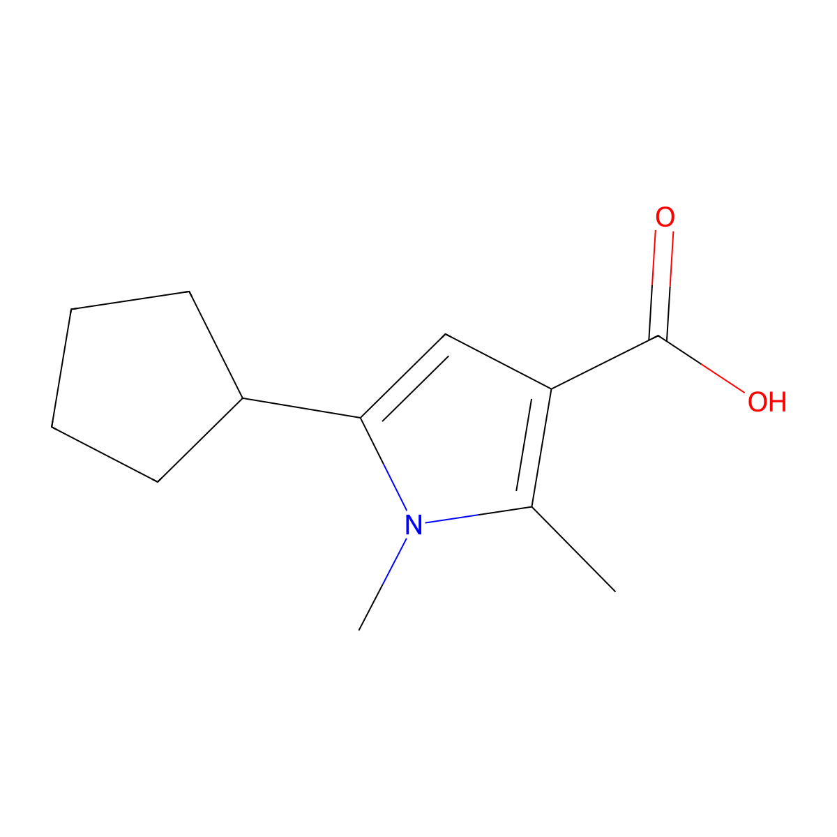 5-Cyclopentyl-1,2-dimethyl-1H-pyrrole-3-carboxylic acid molecular structure, CAS 2059965-89-6