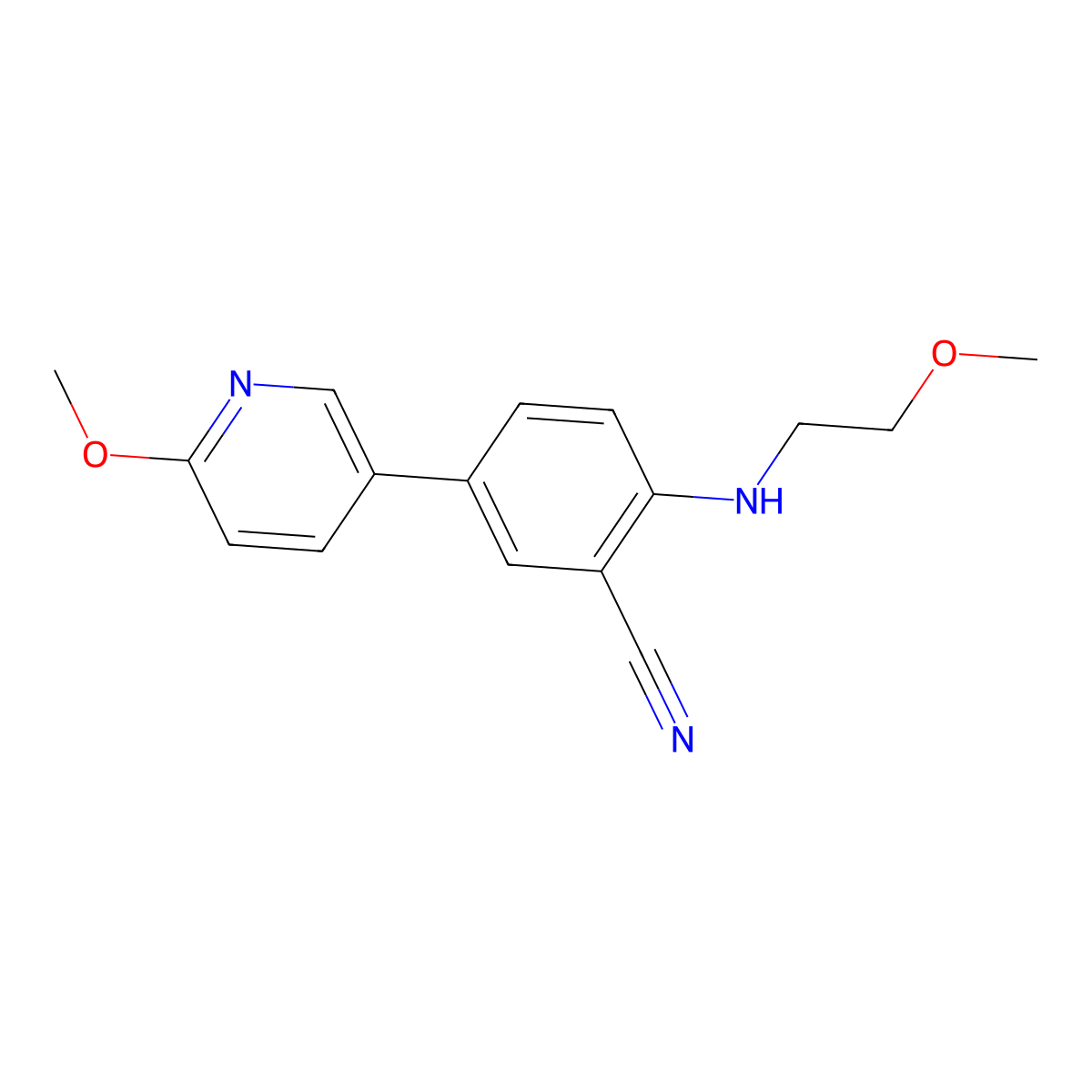 2-[(2-Methoxyethyl)amino]-5-(6-methoxypyridin-3-yl)benzonitrile molecular structure, CAS 2059966-97-9