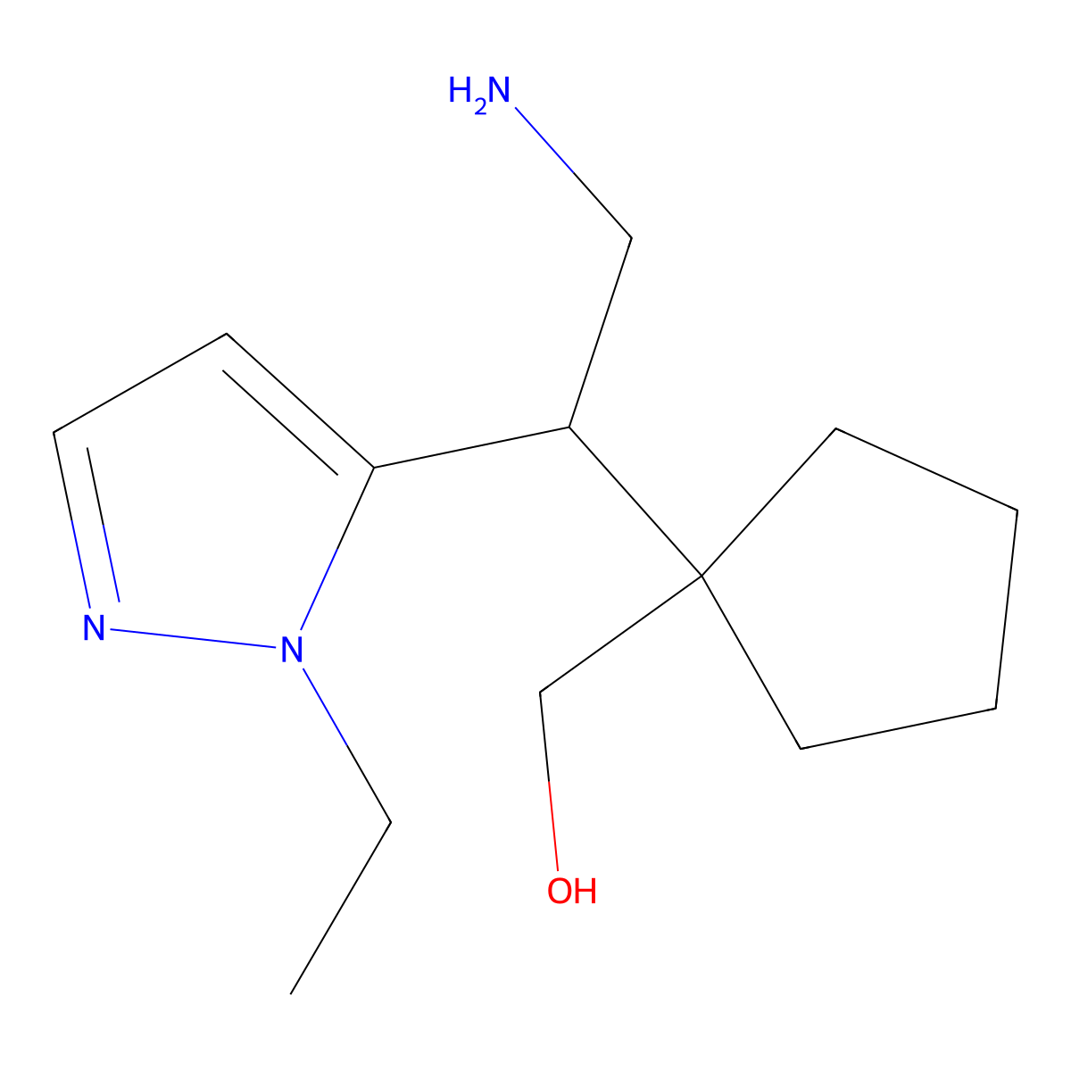 {1-[2-amino-1-(1-ethyl-1H-pyrazol-5-yl)ethyl]cyclopentyl}methanol molecular structure, CAS 2059970-38-4