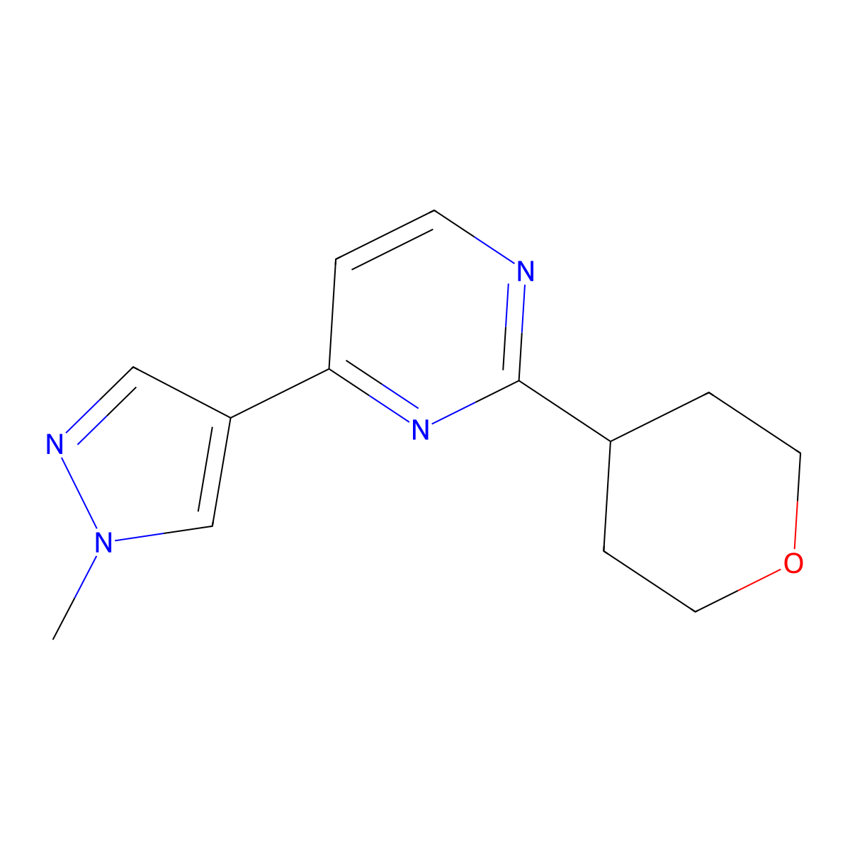 4-(1-Methyl-1H-pyrazol-4-yl)-2-(oxan-4-yl)pyrimidine molecular structure, CAS 2059970-70-4