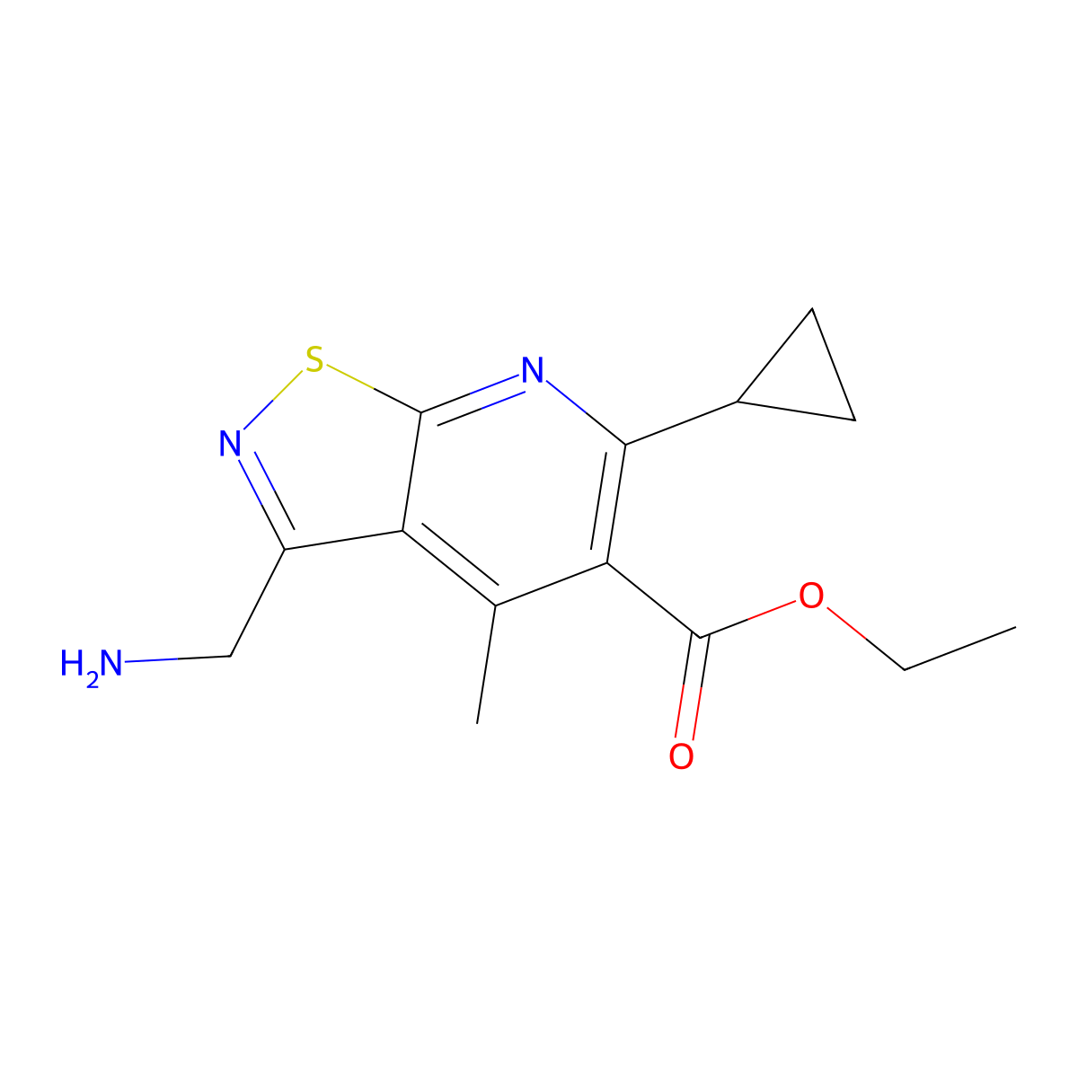 Ethyl 3-(aminomethyl)-6-cyclopropyl-4-methyl-[1,2]thiazolo[5,4-b]pyridine-5-carboxylate molecular structure, CAS 2059975-08-3