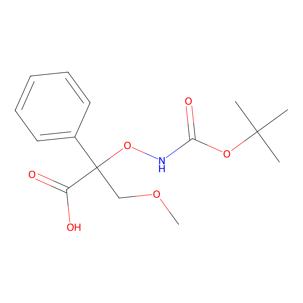 2-({[(Tert-butoxy)carbonyl]amino}oxy)-3-methoxy-2-phenylpropanoic acid molecular structure, CAS 2059987-13-0