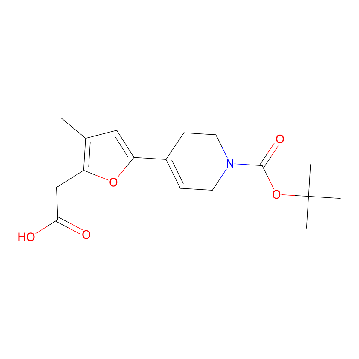2-(5-{1-[(Tert-butoxy)carbonyl]-1,2,3,6-tetrahydropyridin-4-yl}-3-methylfuran-2-yl)acetic acid molecular structure, CAS 2059987-14-1