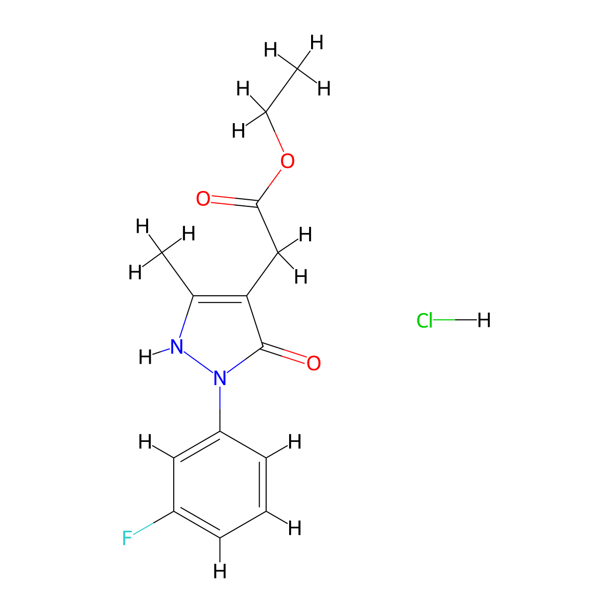 Ethyl 2-[2-(3-fluorophenyl)-5-methyl-3-oxo-2,3-dihydro-1H-pyrazol-4-yl]acetate hydrochloride molecular structure, CAS 2059988-18-8