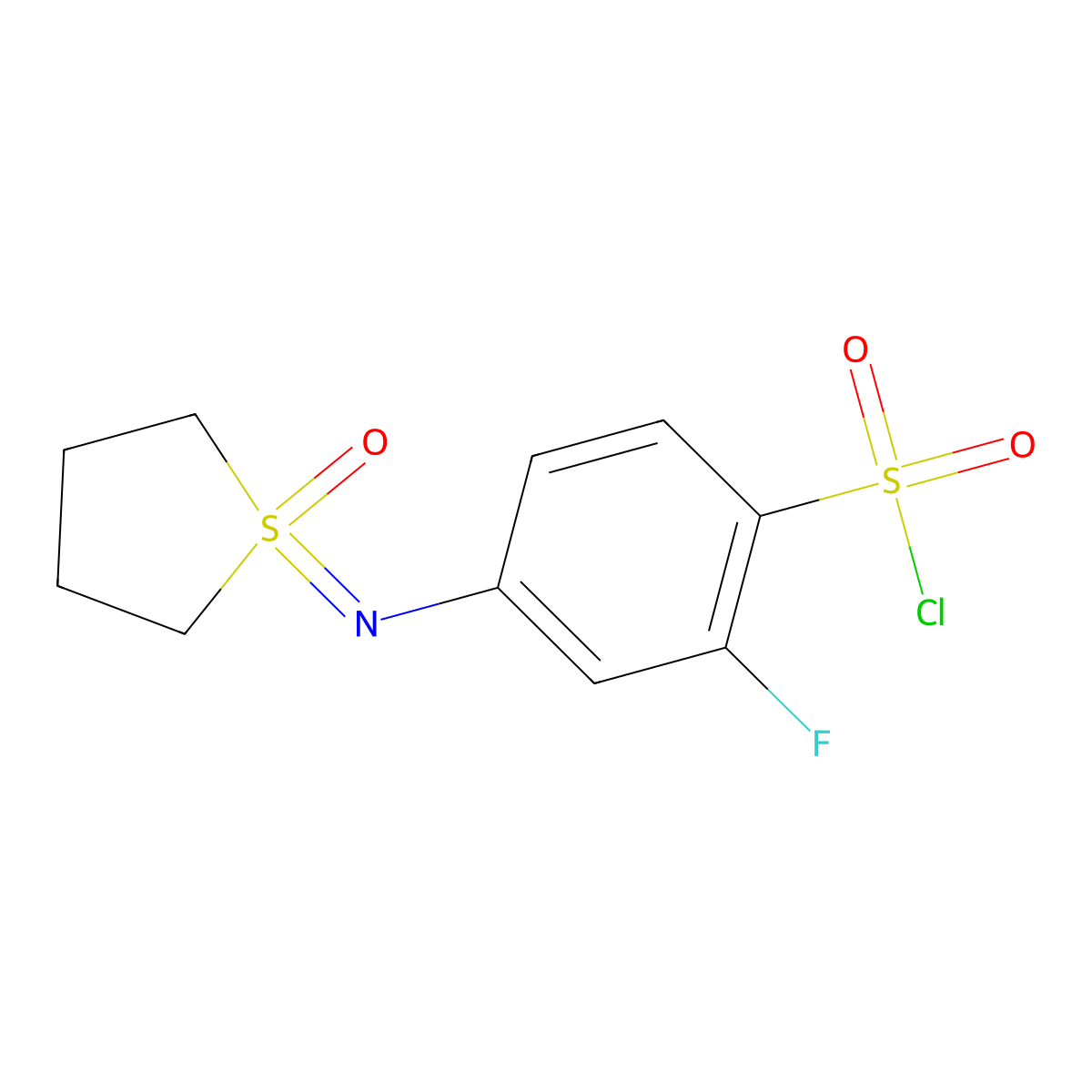 2-Fluoro-4-[(1-oxo-1lambda6-thiolan-1-ylidene)amino]benzene-1-sulfonyl chloride molecular structure, CAS 2059988-30-4