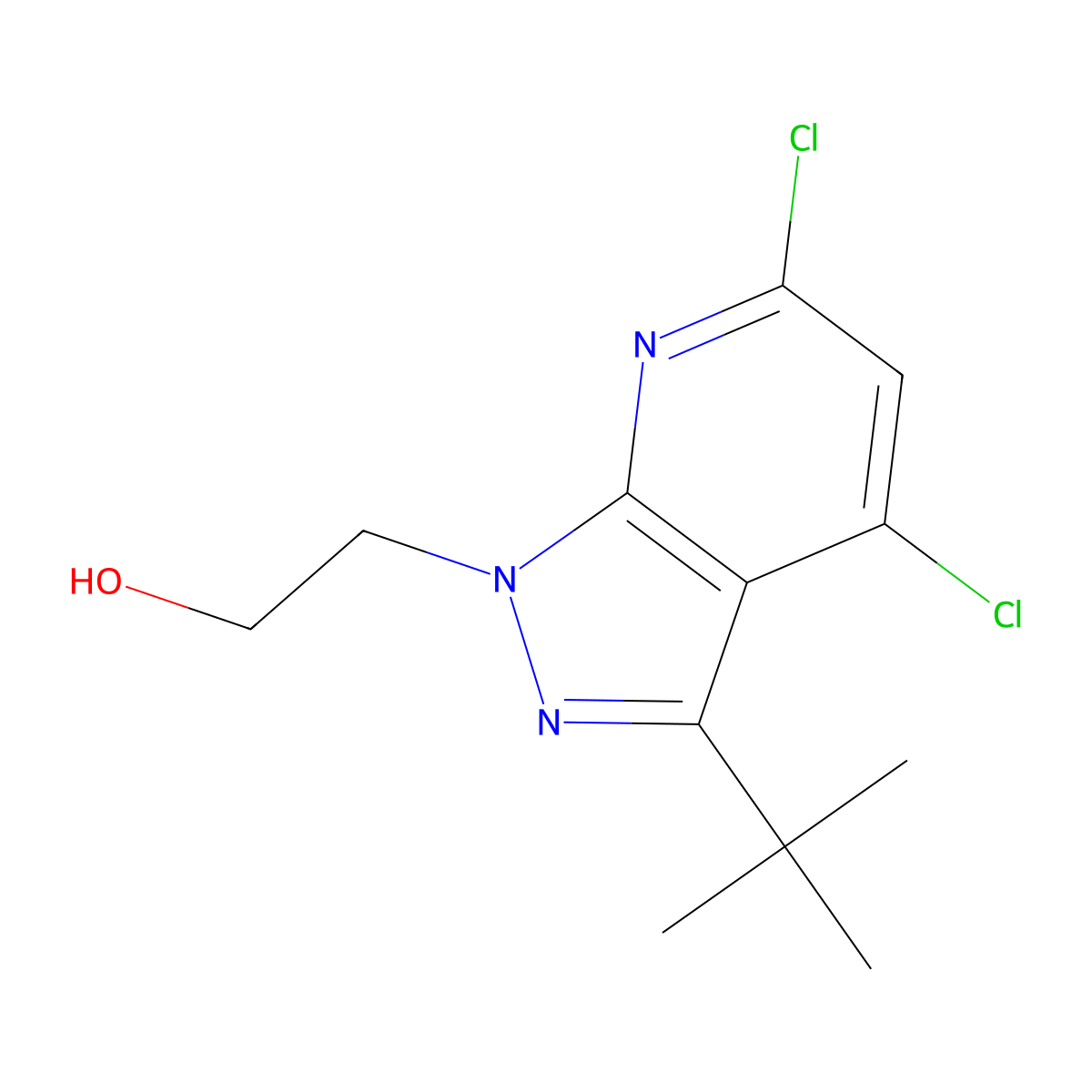 2-{3-tert-butyl-4,6-dichloro-1H-pyrazolo[3,4-b]pyridin-1-yl}ethan-1-ol molecular structure, CAS 2059999-30-1