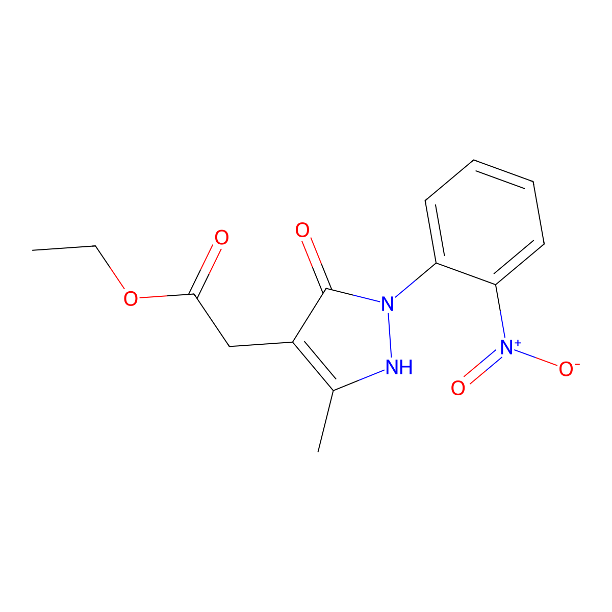 Ethyl 2-[5-methyl-2-(2-nitrophenyl)-3-oxo-2,3-dihydro-1H-pyrazol-4-yl]acetate molecular structure, CAS 2060006-28-0