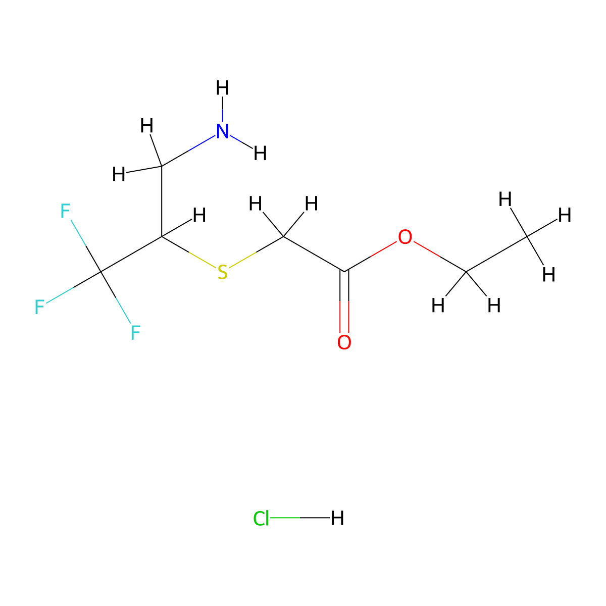 Ethyl 2-[(3-amino-1,1,1-trifluoropropan-2-yl)sulfanyl]acetate hydrochloride molecular structure, CAS 2060008-56-0
