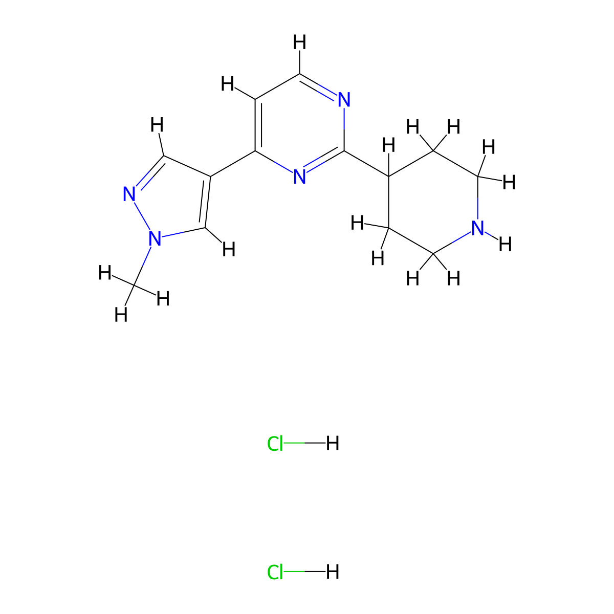 4-(1-methyl-1H-pyrazol-4-yl)-2-(piperidin-4-yl)pyrimidine dihydrochloride molecular structure, CAS 2060008-63-9