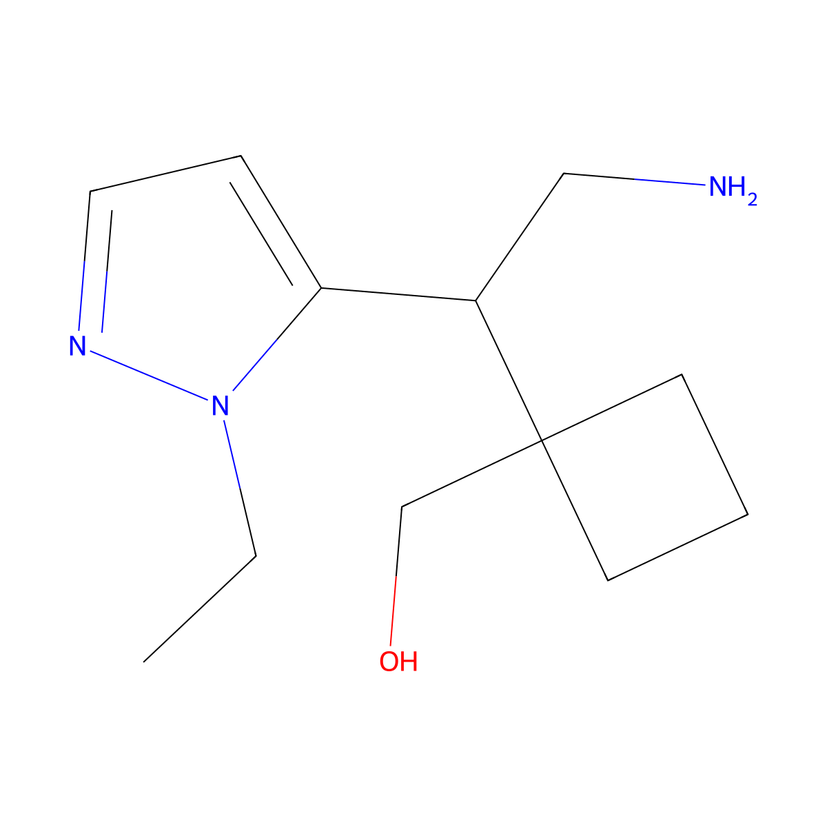 {1-[2-amino-1-(1-ethyl-1H-pyrazol-5-yl)ethyl]cyclobutyl}methanol molecular structure, CAS 2060020-76-8