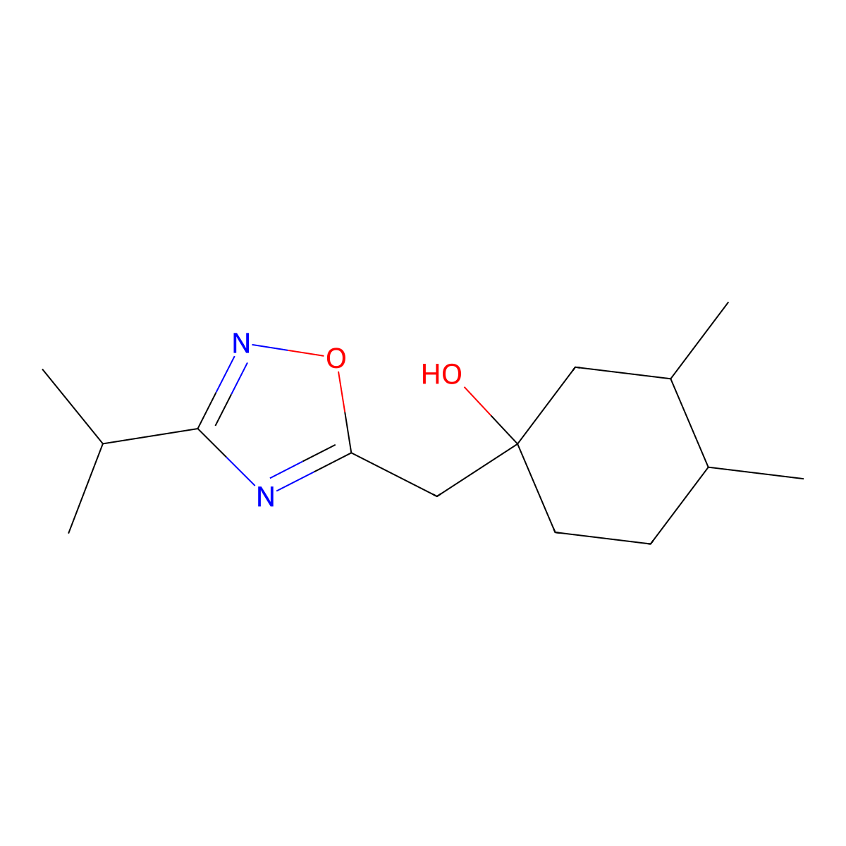 3,4-Dimethyl-1-{[3-(propan-2-yl)-1,2,4-oxadiazol-5-yl]methyl}cyclohexan-1-ol molecular structure, CAS 2060025-19-4