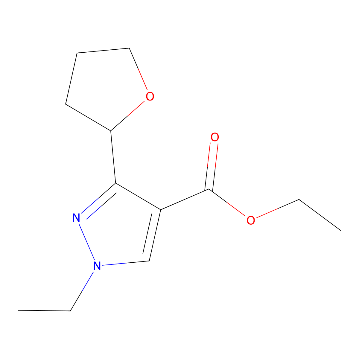 Ethyl 1-ethyl-3-(oxolan-2-yl)-1H-pyrazole-4-carboxylate molecular structure, CAS 2060025-36-5