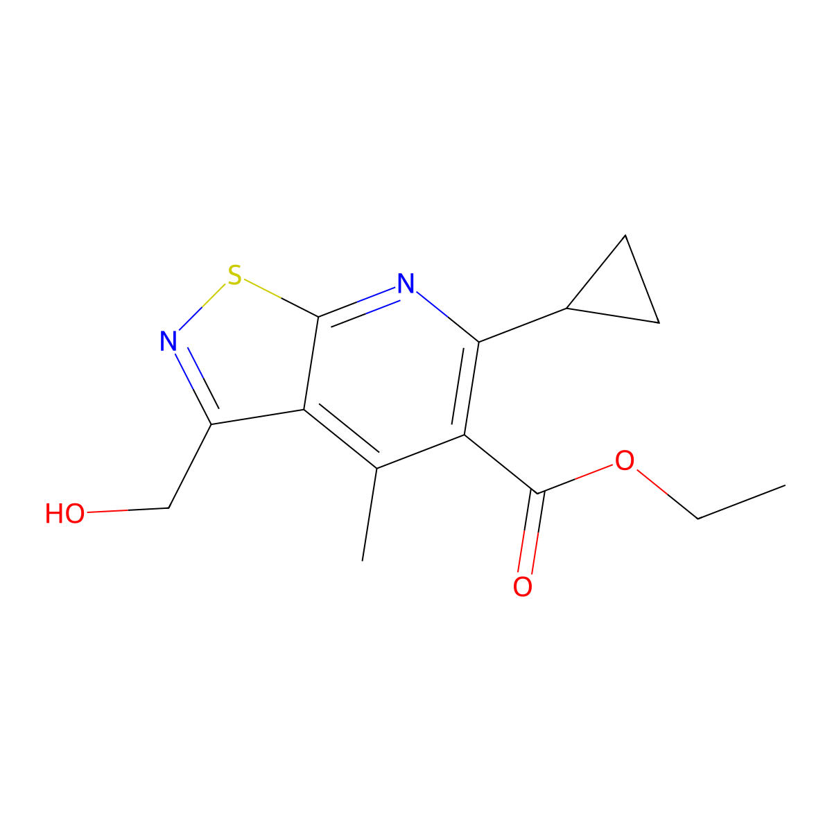 Ethyl 6-cyclopropyl-3-(hydroxymethyl)-4-methyl-[1,2]thiazolo[5,4-b]pyridine-5-carboxylate molecular structure, CAS 2060026-53-9