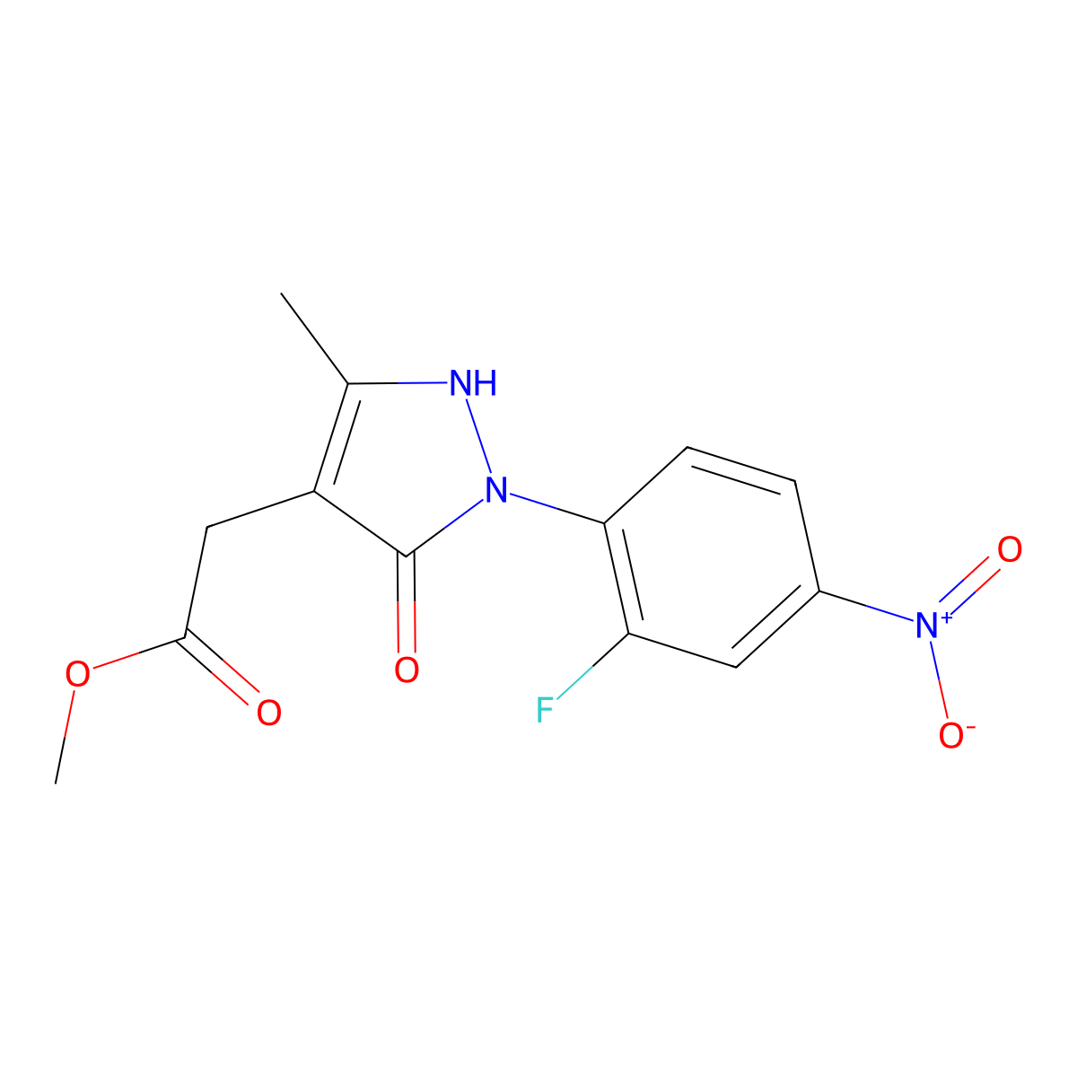 Methyl 2-[2-(2-fluoro-4-nitrophenyl)-5-methyl-3-oxo-2,3-dihydro-1H-pyrazol-4-yl]acetate molecular structure, CAS 2060027-51-0