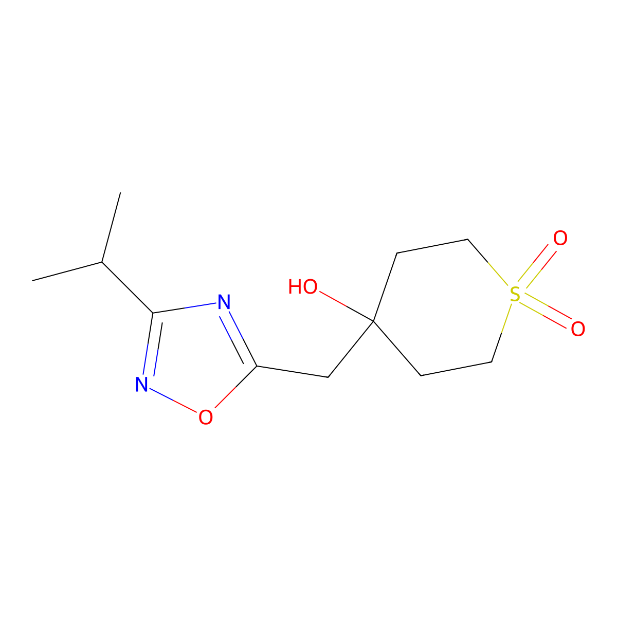 4-Hydroxy-4-{[3-(propan-2-yl)-1,2,4-oxadiazol-5-yl]methyl}-1lambda6-thiane-1,1-dione molecular structure, CAS 2060031-14-1
