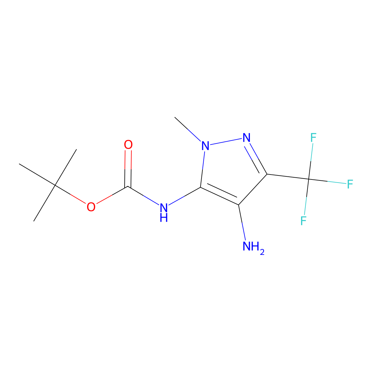 tert-Butyl N-[4-amino-1-methyl-3-(trifluoromethyl)-1H-pyrazol-5-yl]carbamate molecular structure, CAS 2060031-39-0
