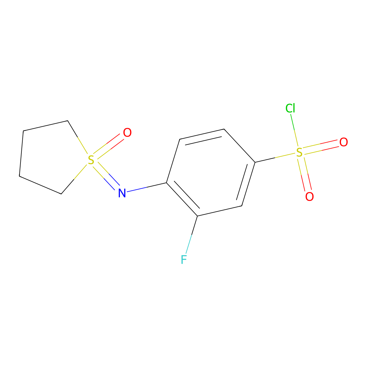 3-Fluoro-4-[(1-oxo-1lambda6-thiolan-1-ylidene)amino]benzene-1-sulfonyl chloride molecular structure, CAS 2060031-62-9