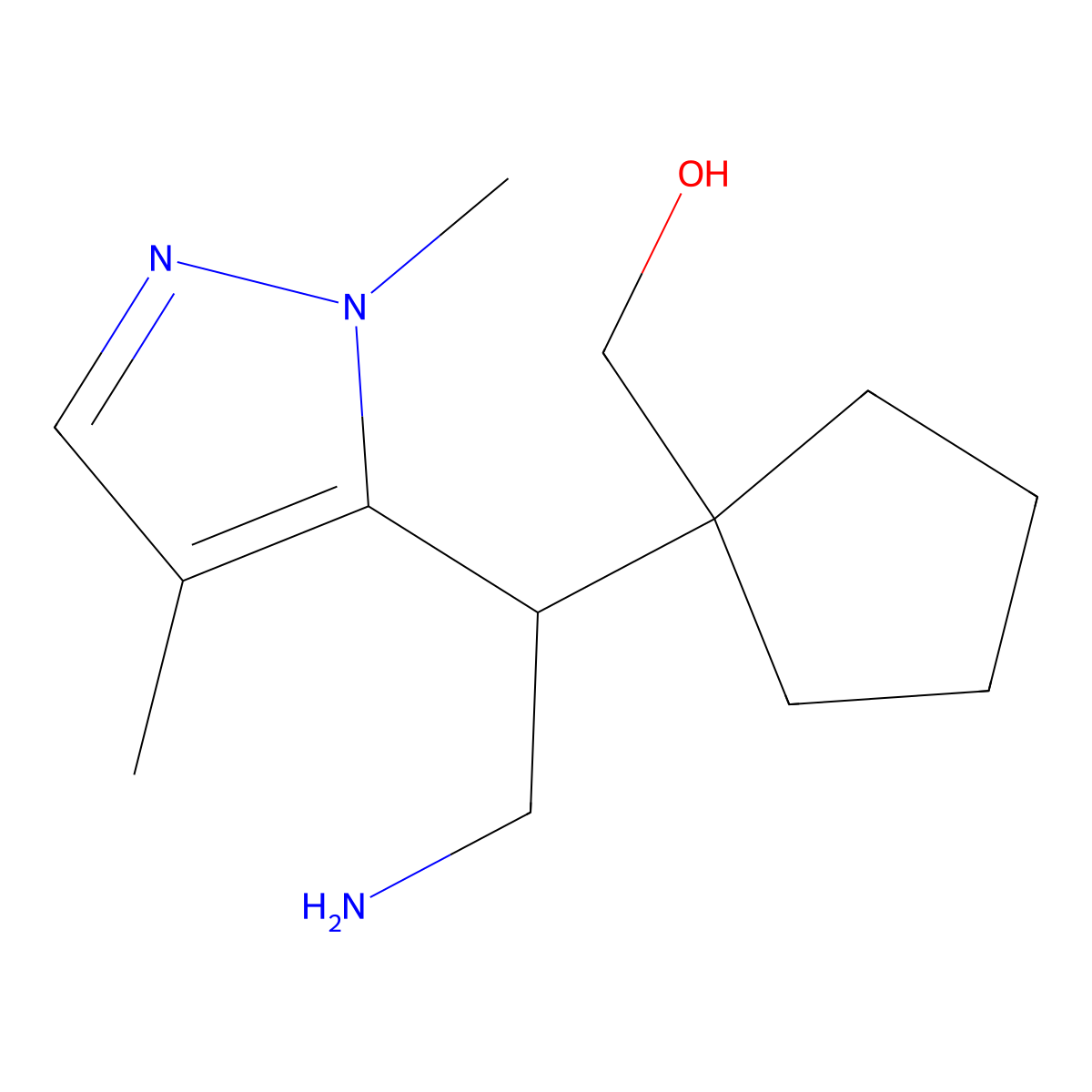 {1-[2-amino-1-(1,4-dimethyl-1H-pyrazol-5-yl)ethyl]cyclopentyl}methanol molecular structure, CAS 2060032-92-8