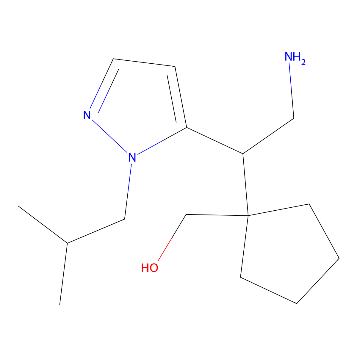(1-{2-amino-1-[1-(2-methylpropyl)-1H-pyrazol-5-yl]ethyl}cyclopentyl)methanol molecular structure, CAS 2060037-45-6