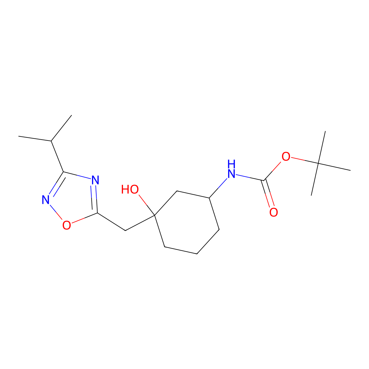 tert-Butyl N-(3-hydroxy-3-{[3-(propan-2-yl)-1,2,4-oxadiazol-5-yl]methyl}cyclohexyl)carbamate molecular structure, CAS 2060038-12-0