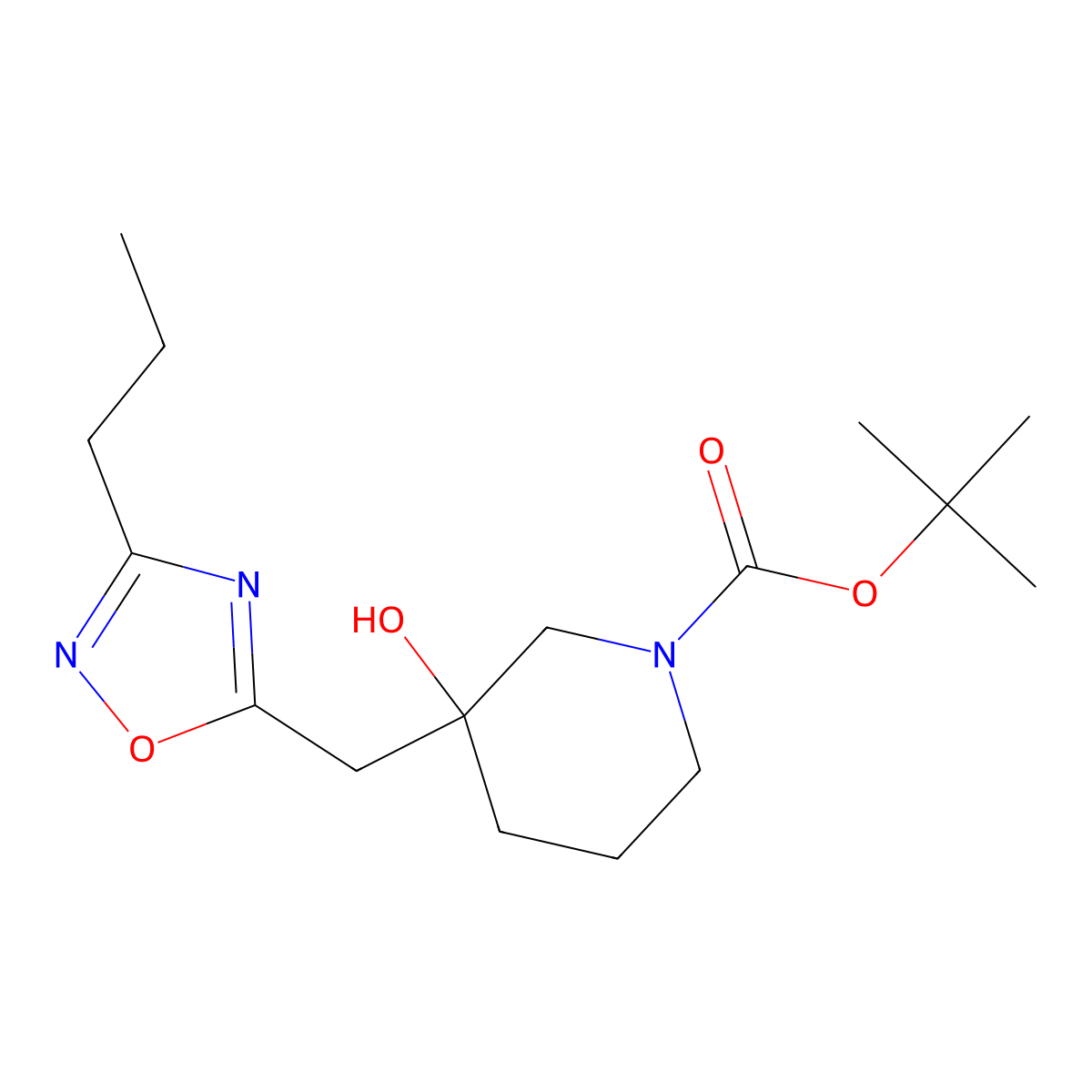 tert-Butyl 3-hydroxy-3-[(3-propyl-1,2,4-oxadiazol-5-yl)methyl]piperidine-1-carboxylate molecular structure, CAS 2060038-18-6