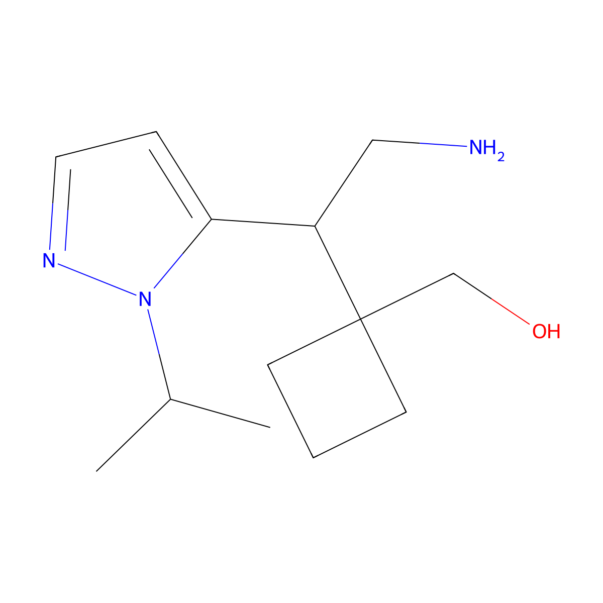 (1-{2-amino-1-[1-(propan-2-yl)-1H-pyrazol-5-yl]ethyl}cyclobutyl)methanol molecular structure, CAS 2060039-54-3