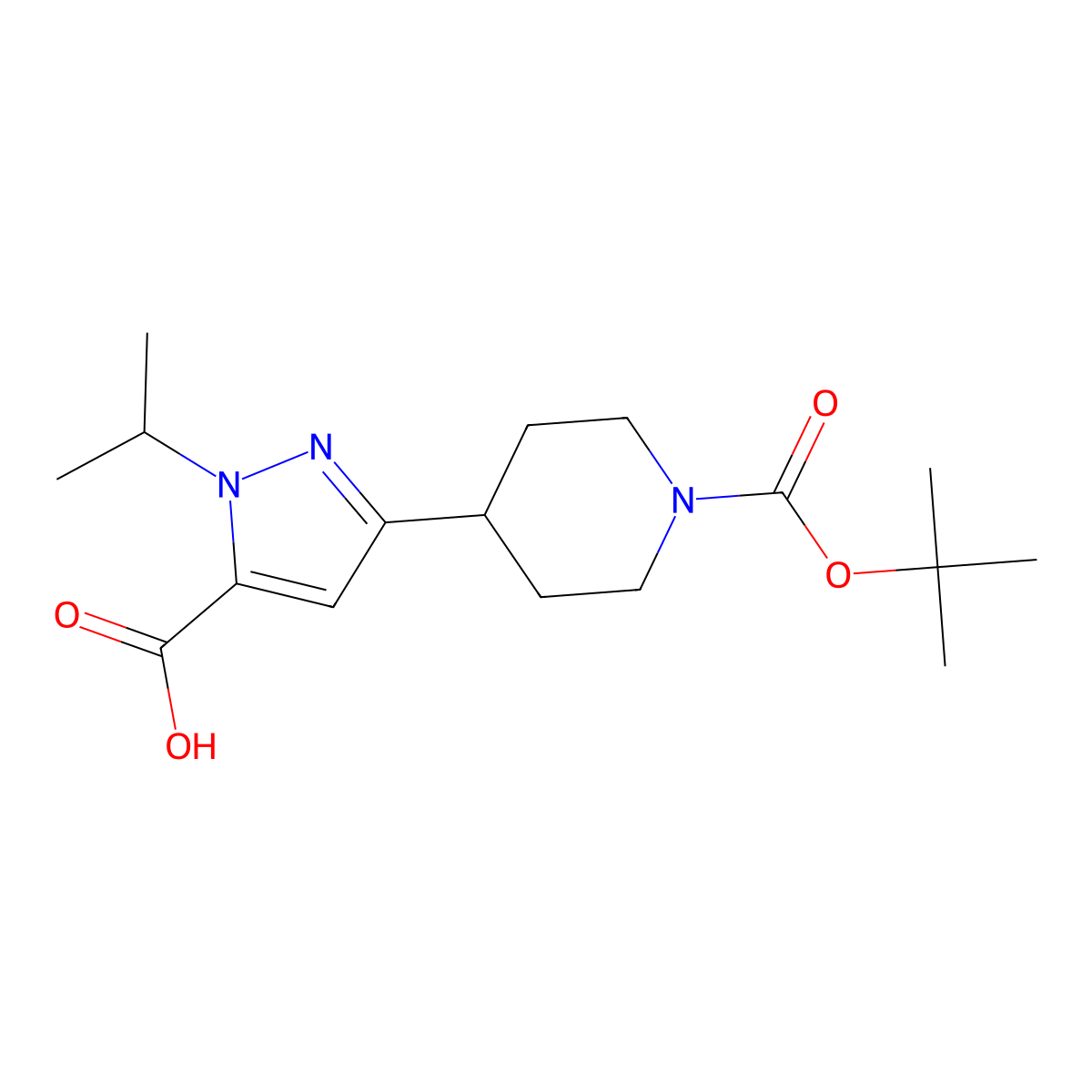 3-{1-[(tert-butoxy)carbonyl]piperidin-4-yl}-1-(propan-2-yl)-1H-pyrazole-5-carboxylic acid molecular structure, CAS 2060040-67-5