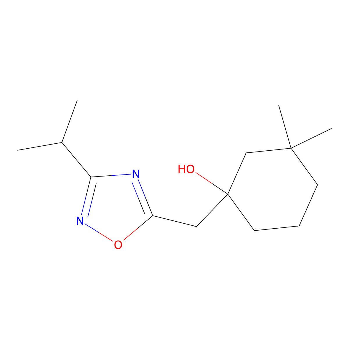3,3-Dimethyl-1-{[3-(propan-2-yl)-1,2,4-oxadiazol-5-yl]methyl}cyclohexan-1-ol molecular structure, CAS 2060042-68-2