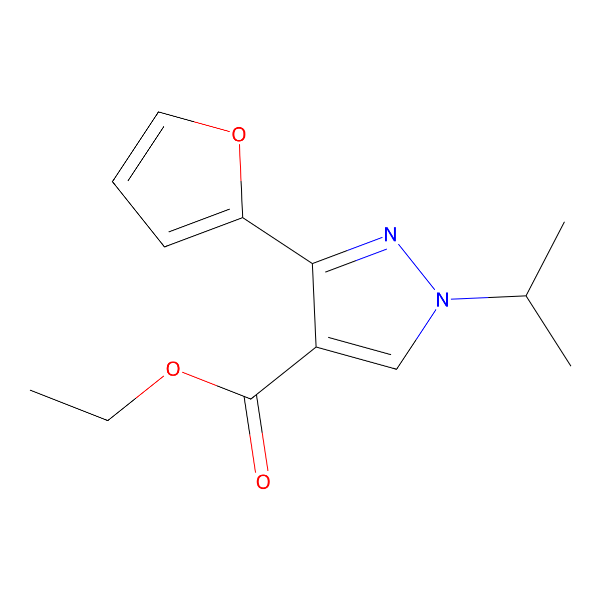 Ethyl 3-(furan-2-yl)-1-(propan-2-yl)-1H-pyrazole-4-carboxylate molecular structure, CAS 2060048-84-0