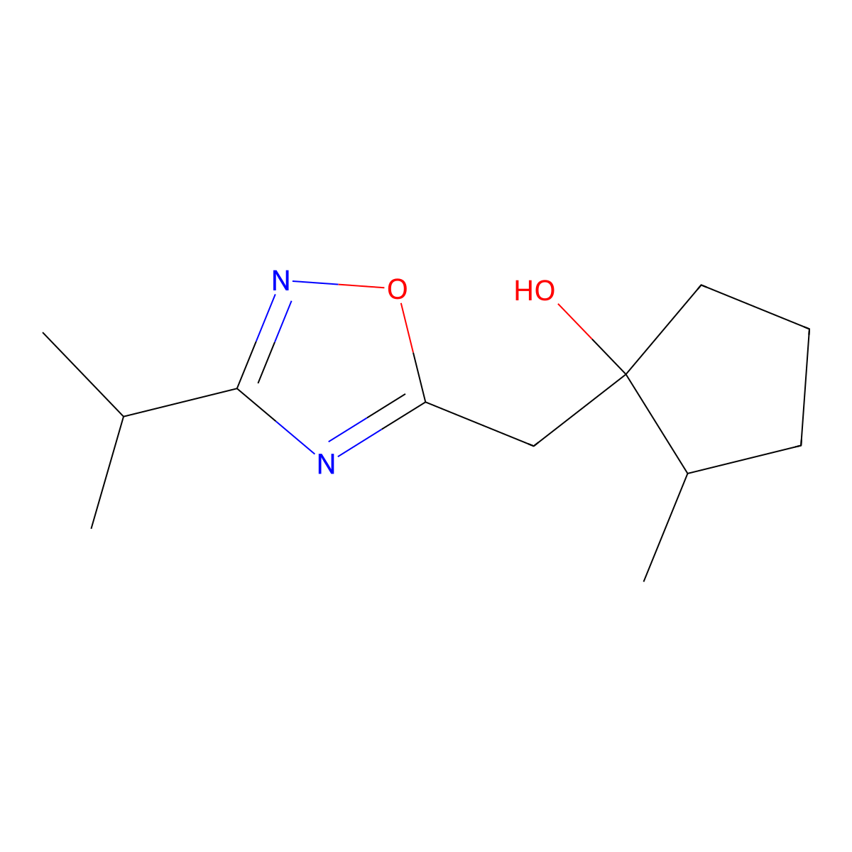 2-Methyl-1-{[3-(propan-2-yl)-1,2,4-oxadiazol-5-yl]methyl}cyclopentan-1-ol molecular structure, CAS 2060050-18-0