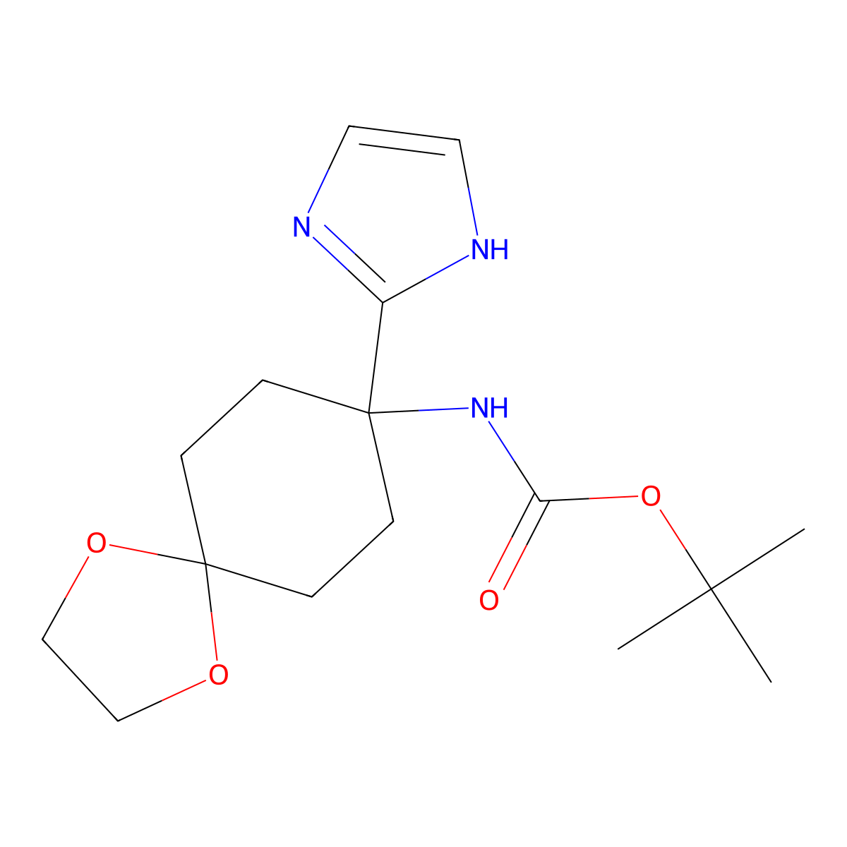 tert-Butyl N-[8-(1H-imidazol-2-yl)-1,4-dioxaspiro[4.5]decan-8-yl]carbamate molecular structure, CAS 2060051-36-5