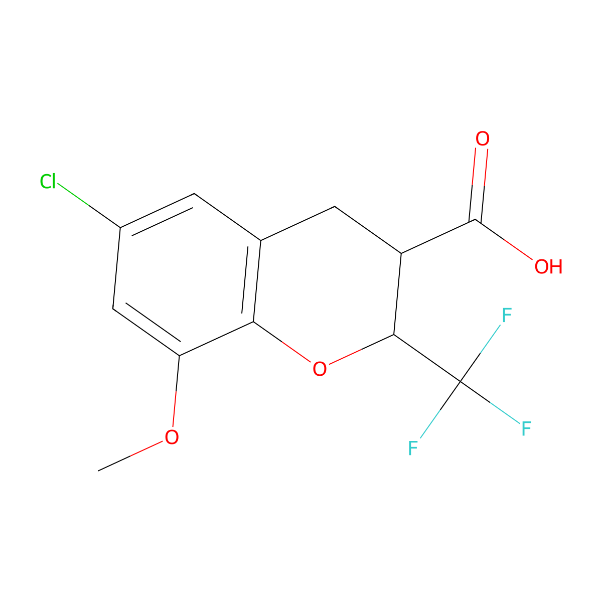 6-Chloro-8-methoxy-2-(trifluoromethyl)-3,4-dihydro-2H-1-benzopyran-3-carboxylic acid molecular structure, CAS 2060059-02-9