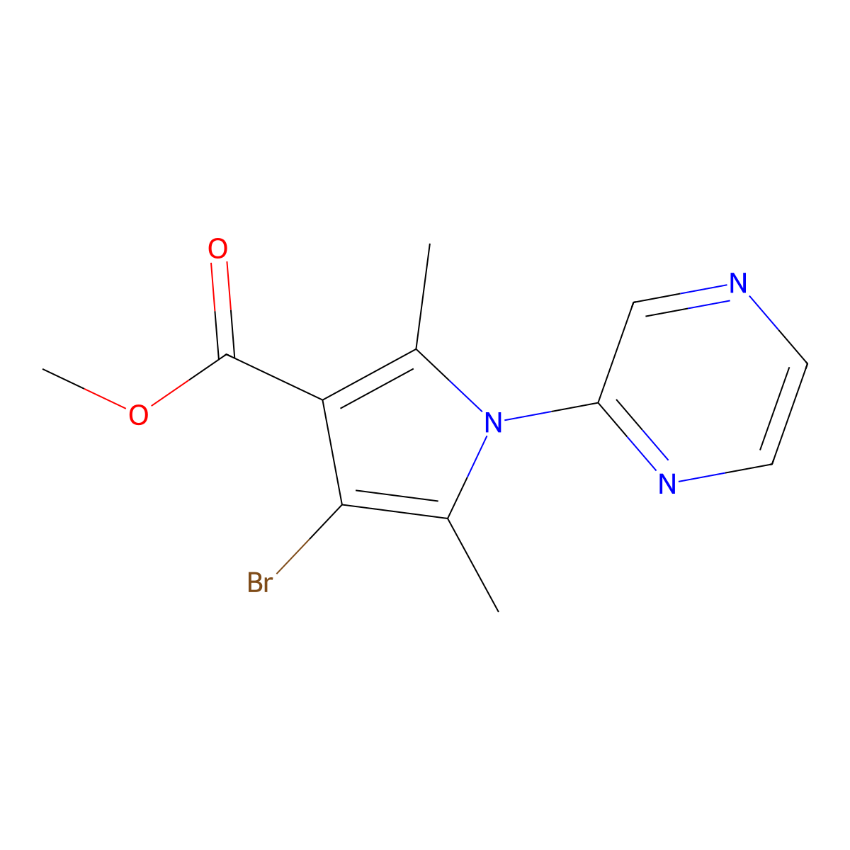 methyl 4-bromo-2,5-dimethyl-1-(pyrazin-2-yl)-1H-pyrrole-3-carboxylate molecular structure, CAS 2060061-07-4