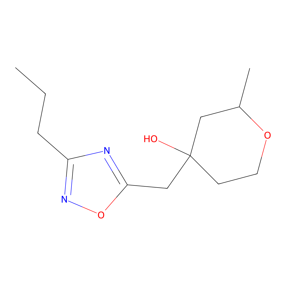 2-Methyl-4-[(3-propyl-1,2,4-oxadiazol-5-yl)methyl]oxan-4-ol molecular structure, CAS 2060061-20-1