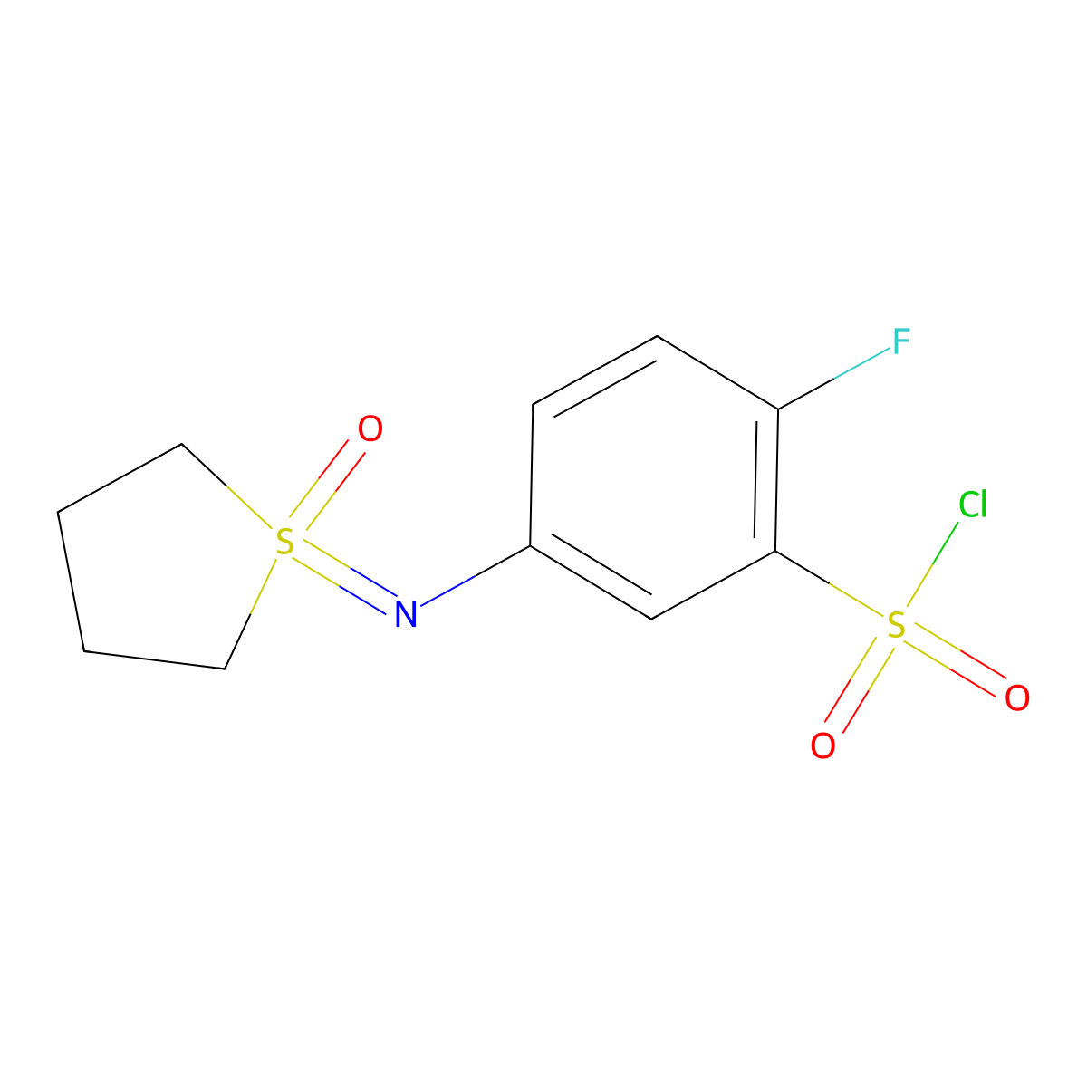 2-Fluoro-5-[(1-oxo-1lambda6-thiolan-1-ylidene)amino]benzene-1-sulfonyl chloride molecular structure, CAS 2060061-28-9
