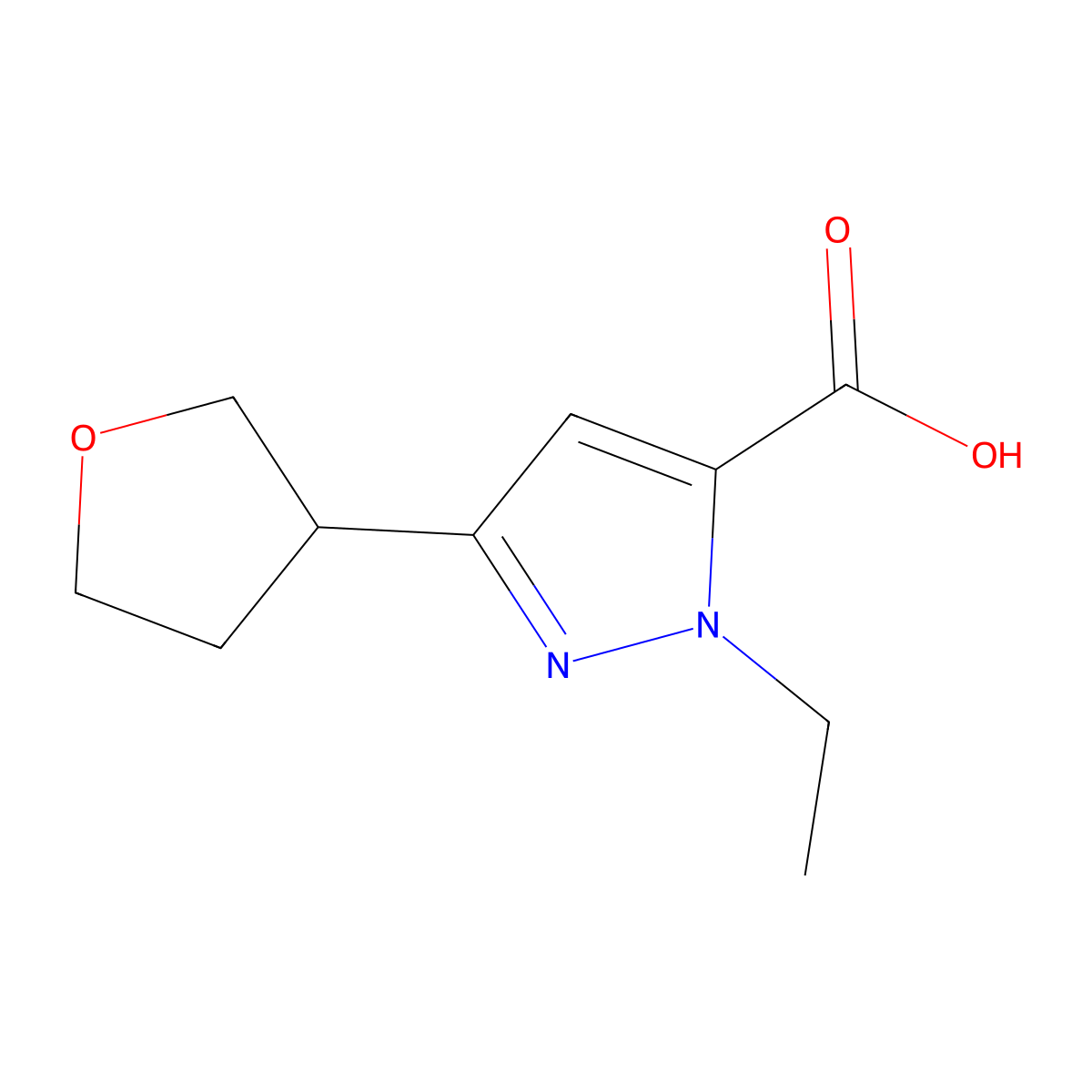 1-Ethyl-3-(oxolan-3-yl)-1H-pyrazole-5-carboxylic acid molecular structure, CAS 2060061-74-5