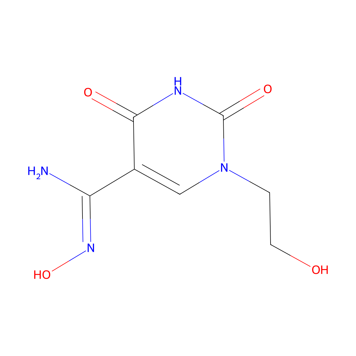 N'-hydroxy-1-(2-hydroxyethyl)-2,4-dioxo-1,2,3,4-tetrahydropyrimidine-5-carboximidamide molecular structure, CAS 2060523-73-9