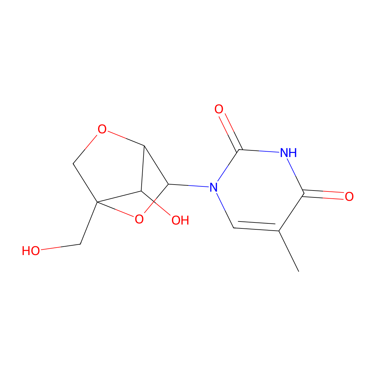 1-((1S,3R,4R,7S)-7-hydroxy-1-(hydroxymethyl)-2,5-dioxabicyclo[2.2.1]heptan-3-yl)-5-methylpyrimidine-2,4(1H,3H)-dione molecular structure, CAS 206055-67-6