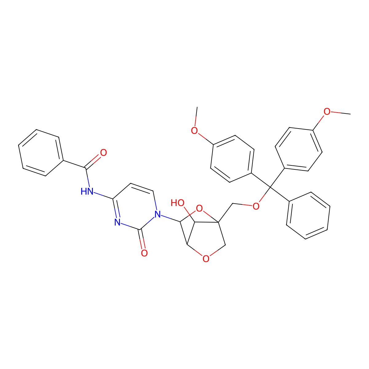 N-(1-((1R,3R,4R,7S)-1-((Bis(4-methoxyphenyl)(phenyl)methoxy)methyl)-7-hydroxy-2,5-dioxabicyclo[2.2.1]heptan-3-yl)-2-oxo-1,2-dihydropyrimidin-4-yl)benzamide molecular structure, CAS 206055-73-4
