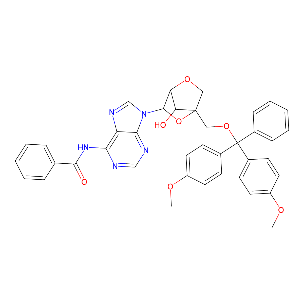 N-(9-((1R,3R,4R,7S)-1-((bis(4-methoxyphenyl)(phenyl)methoxy)methyl)-7-hydroxy-2,5-dioxabicyclo[2.2.1]heptan-3-yl)-9H-purin-6-yl)benzamide molecular structure, CAS 206055-74-5