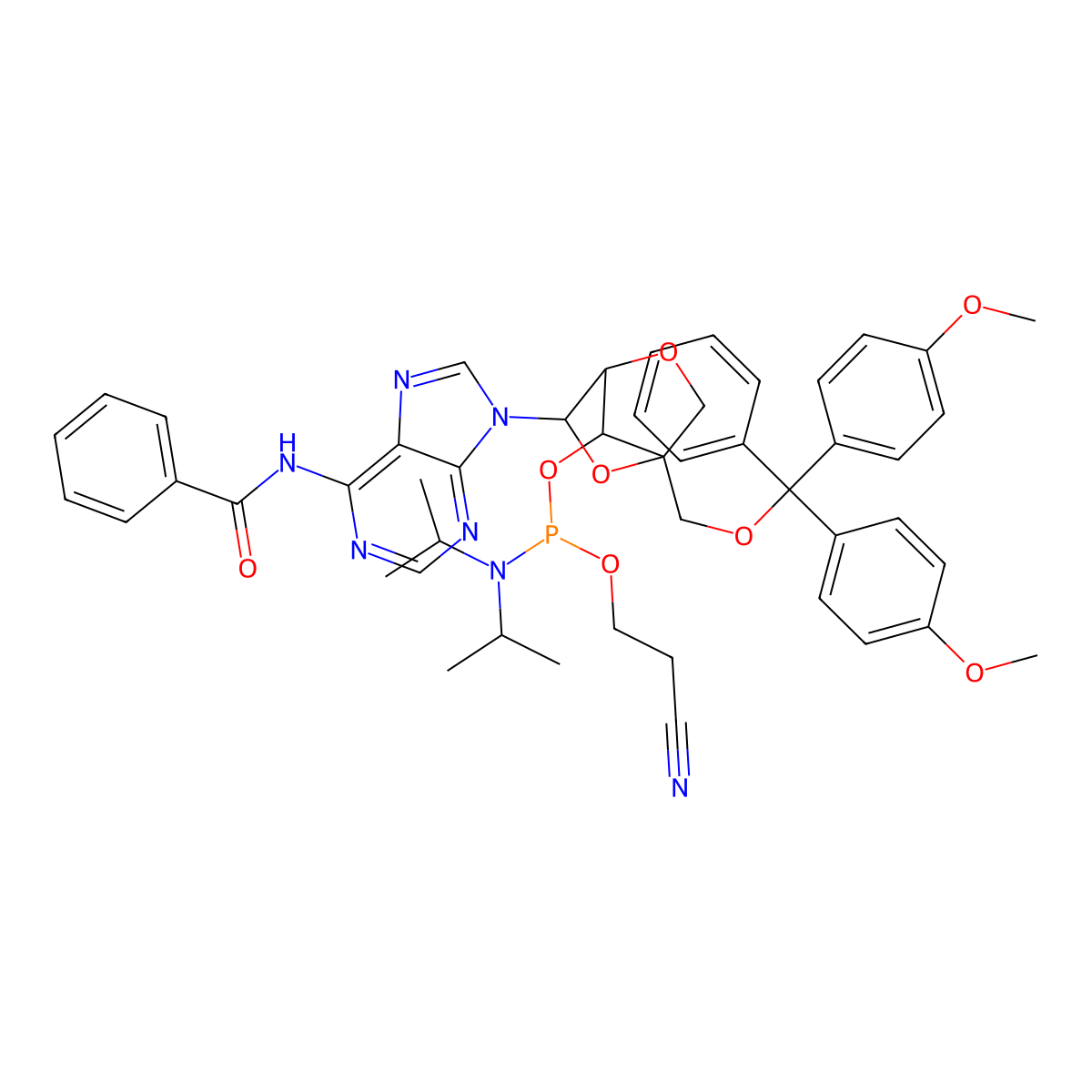 (1R,3R,4R,7S)-3-(6-N-Benzoyladenin-9-yl)-7-(2-cyanoethoxy(diisopropylamino)phosphinoxy)-1-(4,4'-dimethoxytrityloxymethyl)-2,5-dioxabicyclo(2.2.1)heptane molecular structure, CAS 206055-79-0