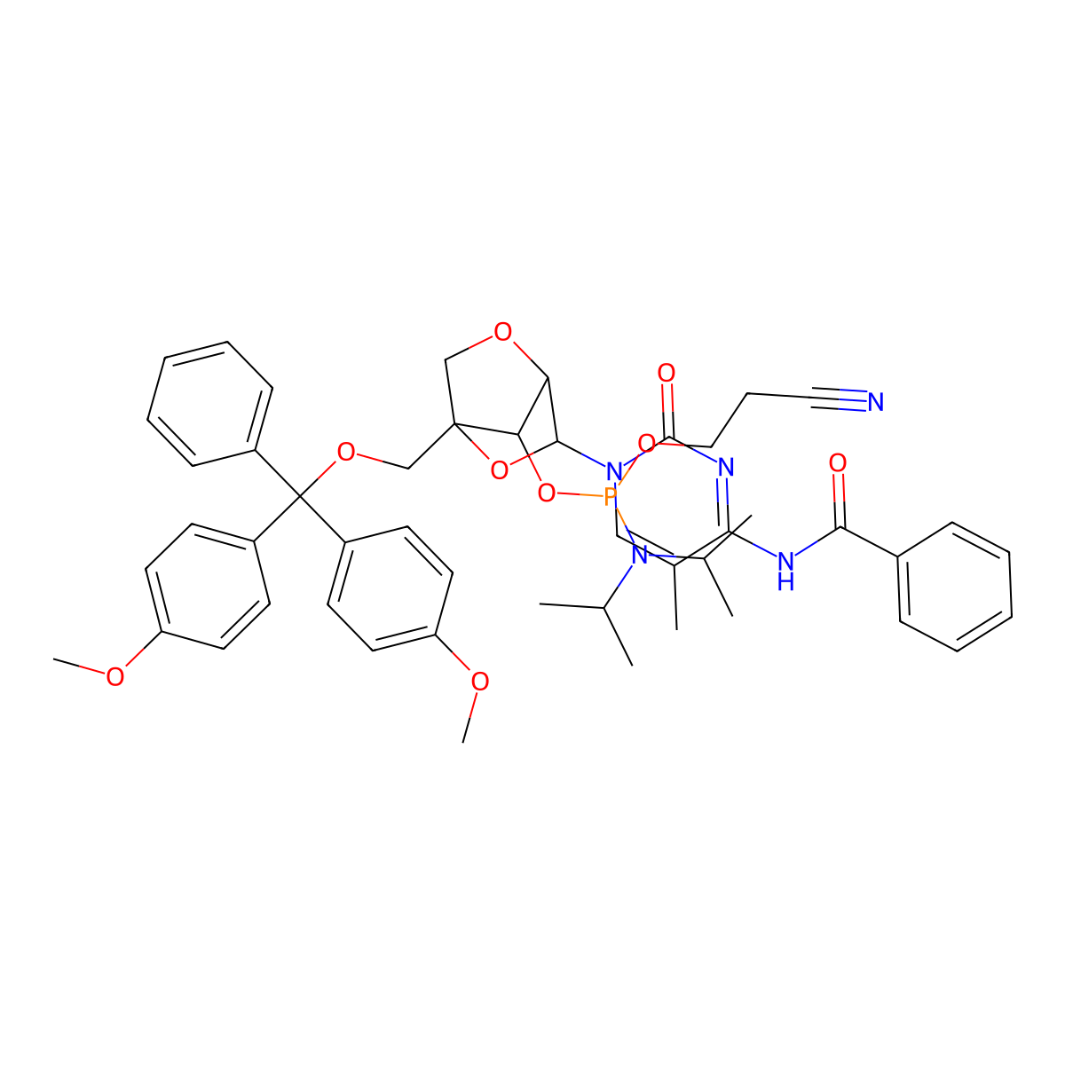 (1R,3R,4R,7S)-3-(4-N-Benzoyl-5-methylcytosin-1-yl)-7-(2-cyanoethoxy(diisopropylamino)phosphinoxy)-1-(4,4'-dimethoxytrityloxymethyl)-2,5-dioxabicyclo(2.2.1)heptane molecular structure, CAS 206055-82-5