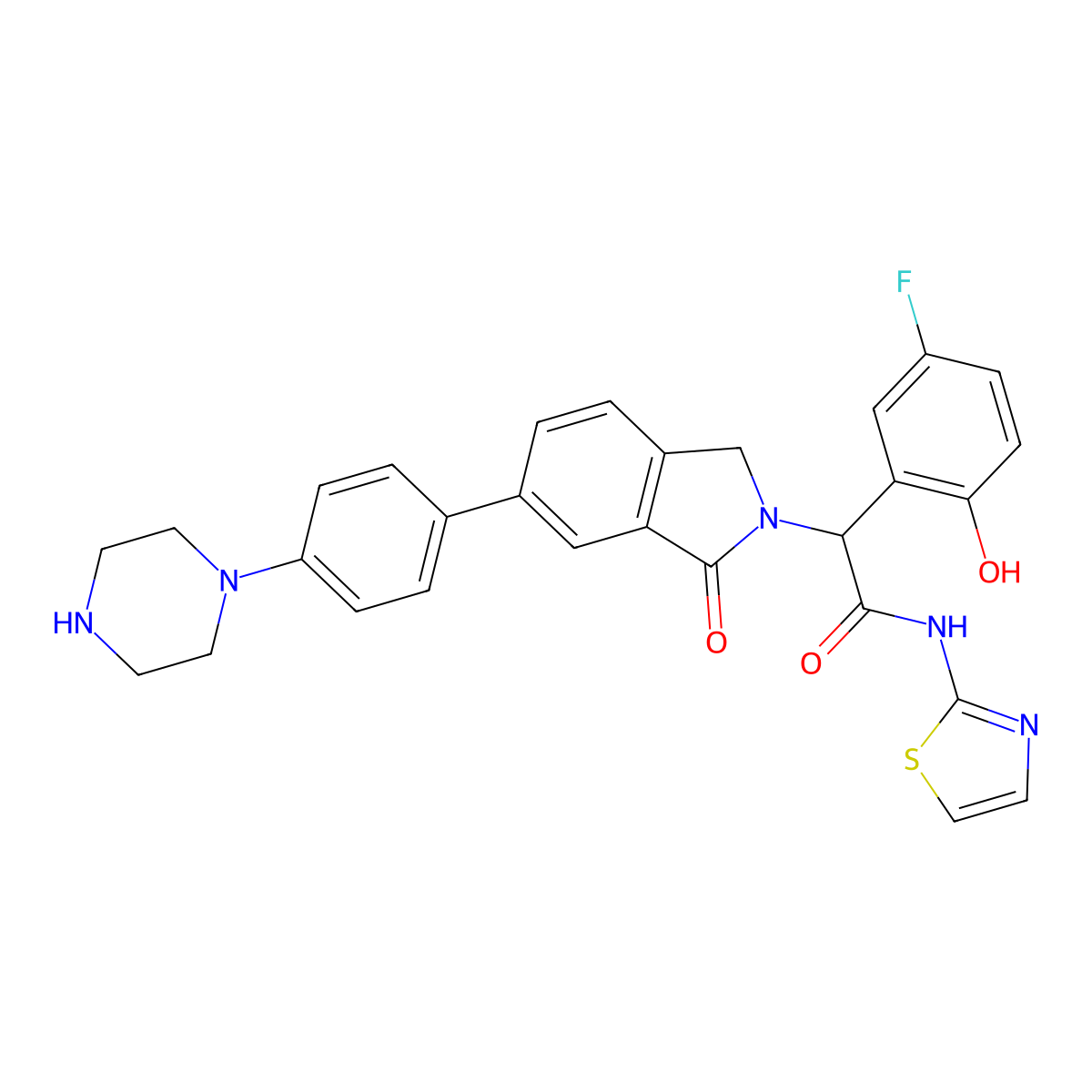 (2R)-2-(5-fluoro-2-hydroxyphenyl)-2-{1-oxo-6-[4-(piperazin-1-yl)phenyl]-1,3-dihydro-2H-isoindol-2-yl}-N-(1,3-thiazol-2-yl)acetamide molecular structure, CAS 2060610-53-7