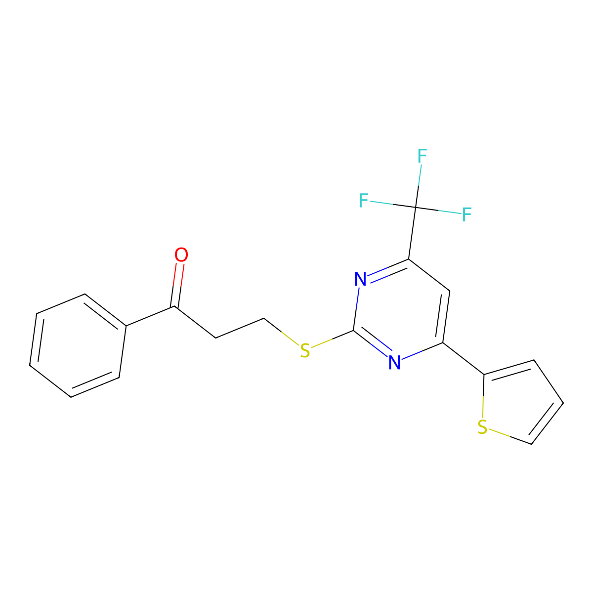 1-Phenyl-3-{[4-(thiophen-2-yl)-6-(trifluoromethyl)pyrimidin-2-yl]sulfanyl}propan-1-one molecular structure, CAS 2061012-69-7