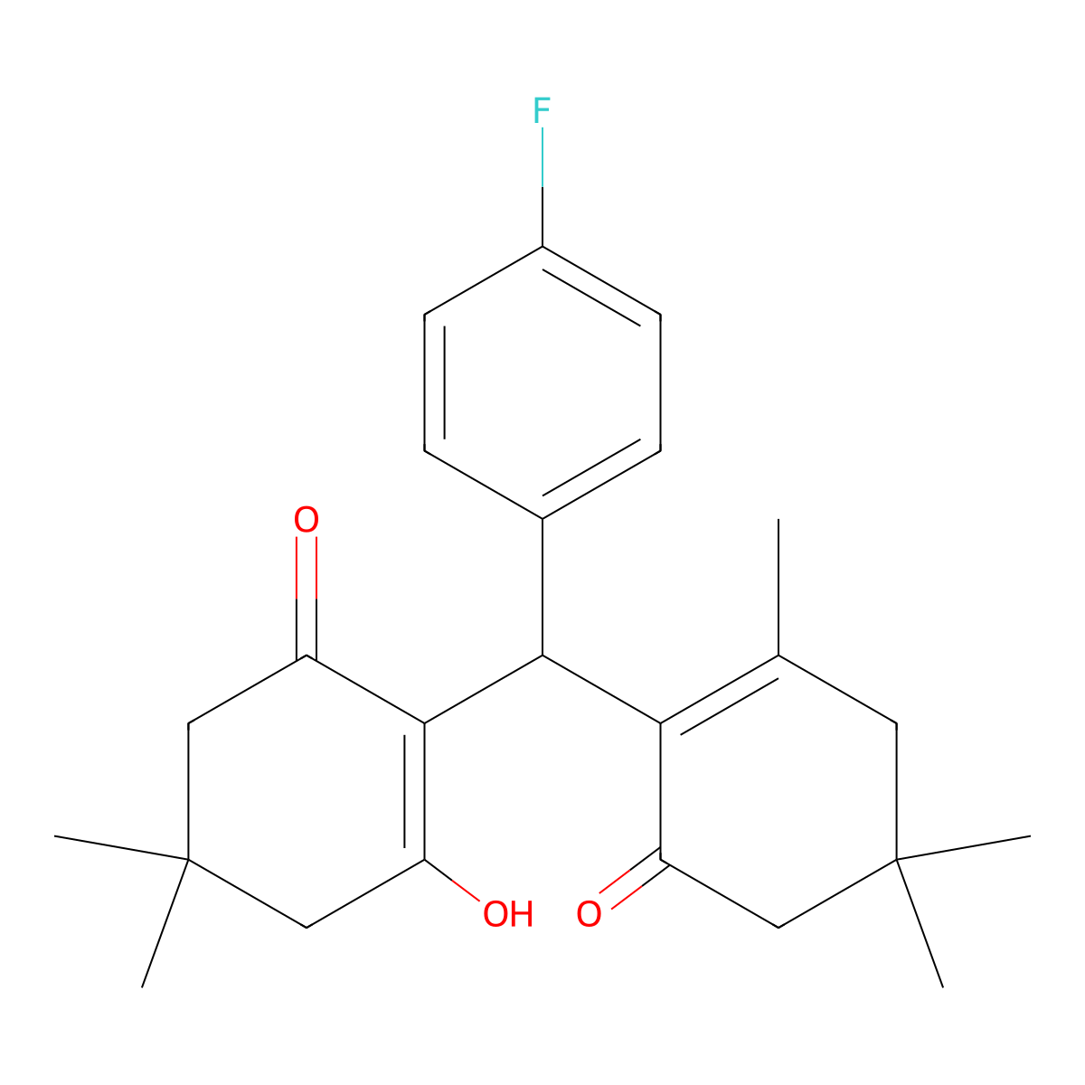 2-[(4-Fluorophenyl)(2-hydroxy-4,4-dimethyl-6-oxocyclohex-1-en-1-yl)methyl]-3,5,5-trimethylcyclohex-2-en-1-one molecular structure, CAS 2061065-12-9